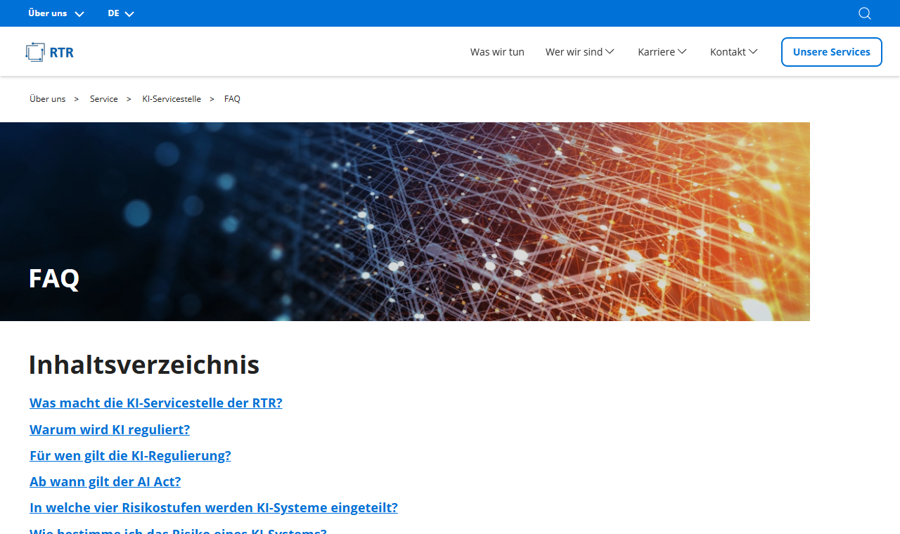 FAQ der KI-Servicestelle der RTR zur Zuständigkeit nach der KI-Verordnung in Österreich