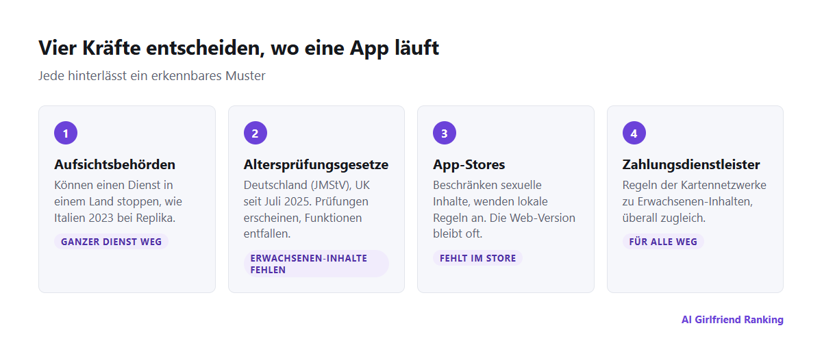 Vier Kräfte, die KI-Companion-Apps je nach Land einschränken: Aufsichtsbehörden, Altersprüfungsgesetze, App-Stores und Zahlungsdienstleister