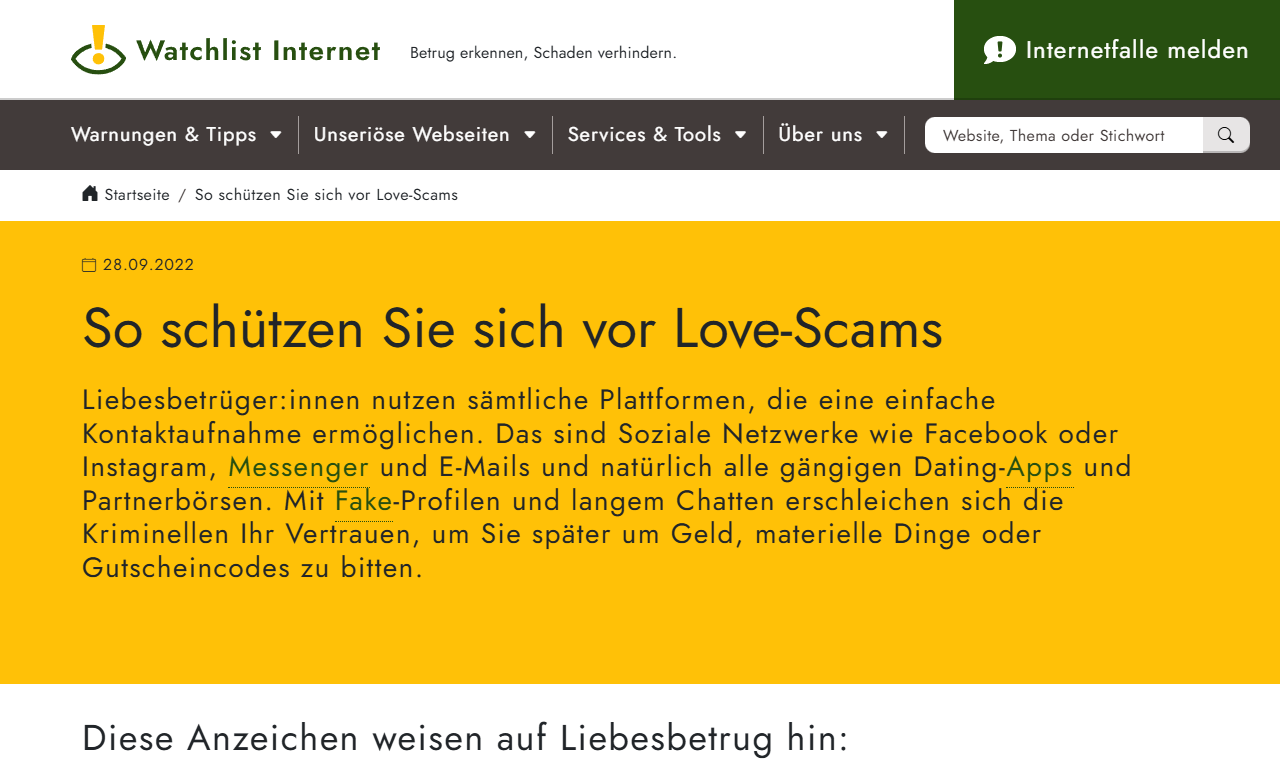 Der Love-Scam-Ratgeber der Watchlist Internet mit Hinweisen für Betroffene