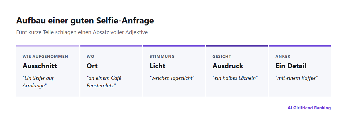 Aufbau einer KI-Selfie-Anfrage: Bildausschnitt, Ort, Licht, Ausdruck und ein Detail, jeweils mit einem Beispiel