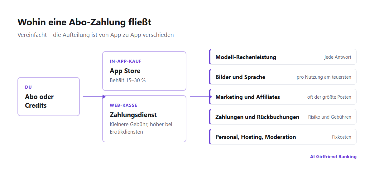 Diagramm des Geldflusses in einer KI-Companion-App: Der Nutzer zahlt über einen App Store oder die Web-Kasse, der Store behält eine Provision, und das Unternehmen bezahlt Modellrechenleistung, Bild- und Sprachgenerierung, Zahlungsabwicklung, Affiliate-Provisionen und Personal