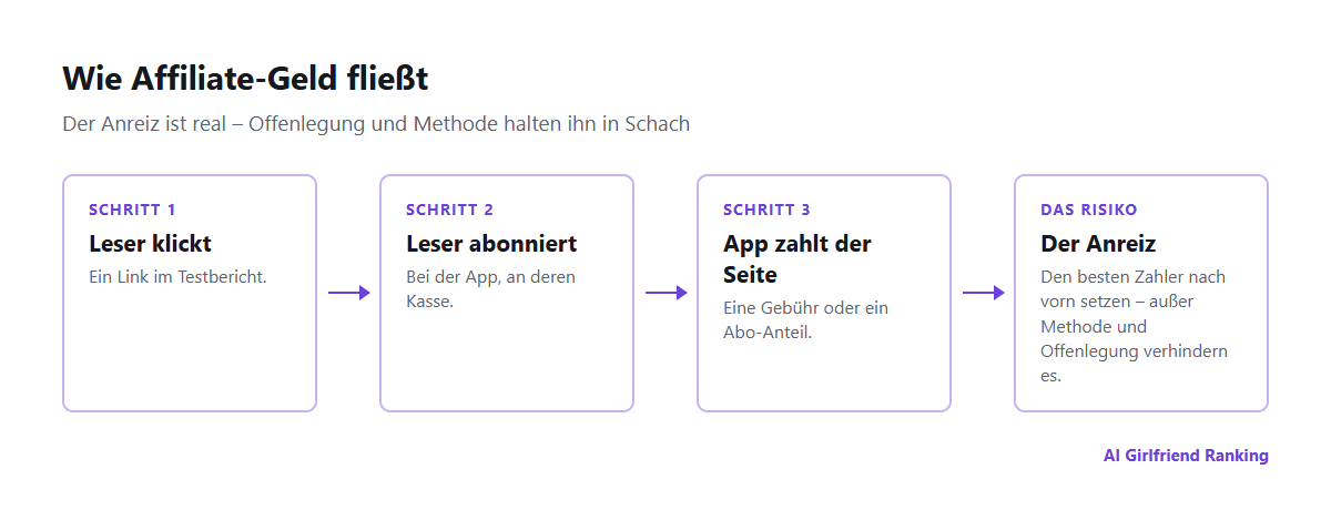 Wie Affiliate-Geld vom Abo eines Lesers über die App zur Testseite fließt und wo der Anreiz entsteht, eine Bewertung zu verzerren