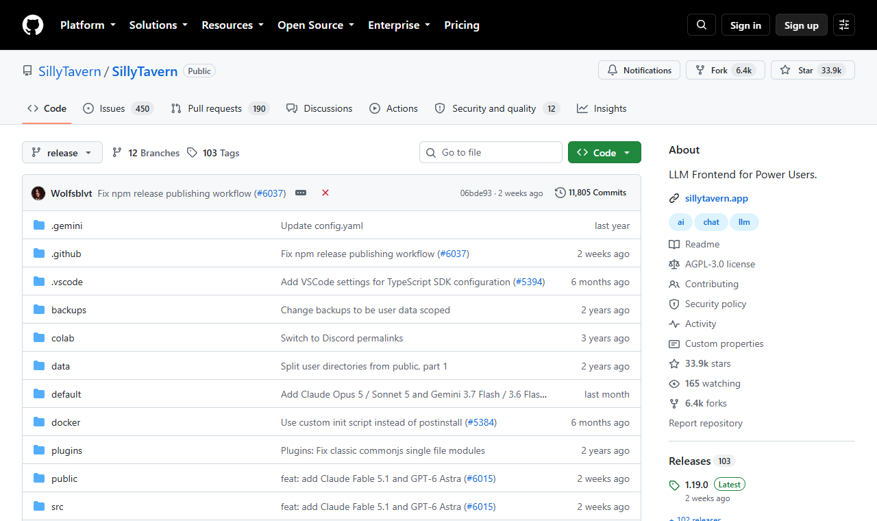 Die Projektseite von SillyTavern auf GitHub