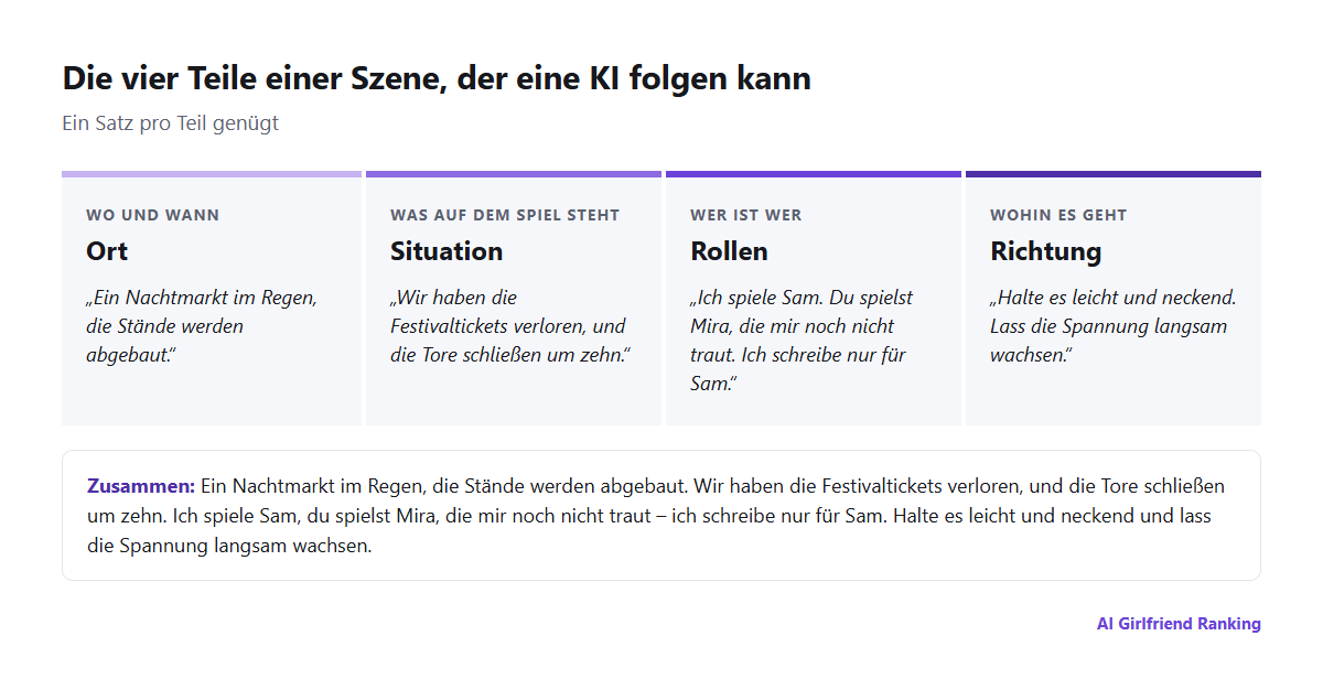 Diagramm der vier Teile eines Rollenspiel-Szenen-Prompts: Ort, Situation, Rollen und Richtung, jeweils mit einem Beispiel in einer Zeile