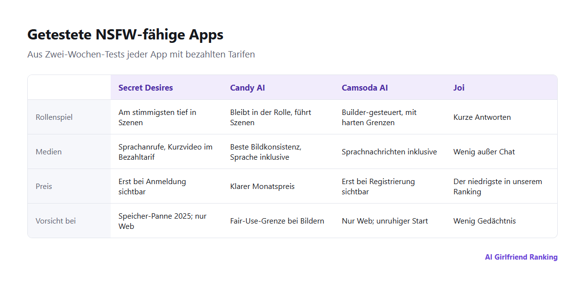 So schneiden die von uns getesteten NSFW-fähigen Apps bei Rollenspiel-Konsistenz, Bildern und Sprache, Builder und Grenzen, Preis und Plattform ab